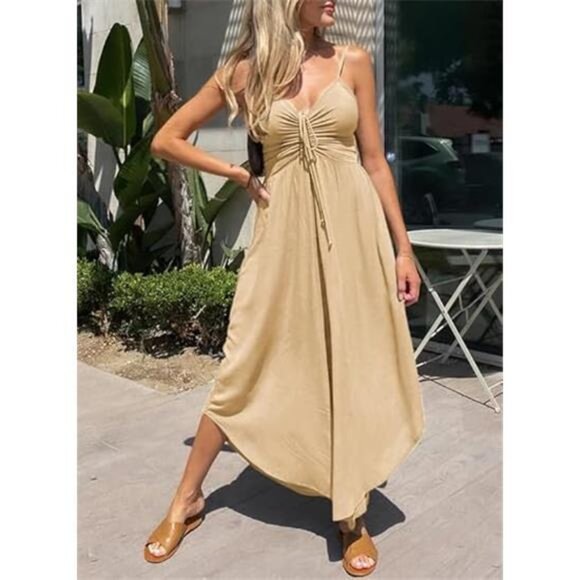 Womens Jumpsuits Spaghetti Straps Ruched Drawstring Light Yellow - Picture 3 of 5